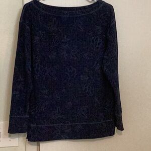 Prana long-sleeve, size S medium-weight cotton blend, dark blue floral top.